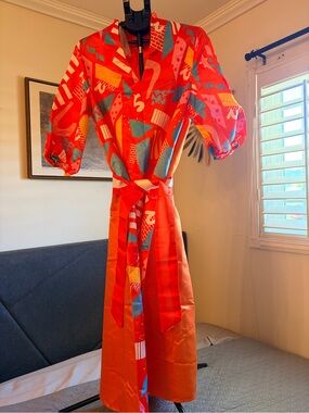 Bold Red Abstract Print Tie-Waist Casual Dress | Vonda XL NWT